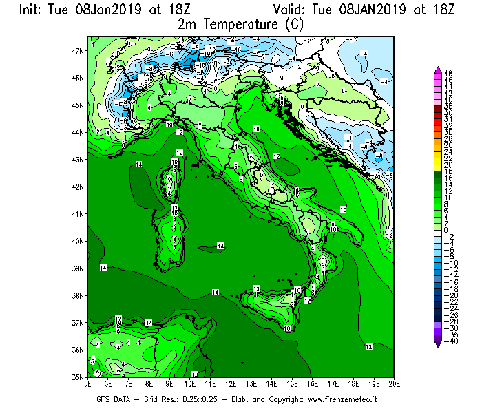 Mappa di analisi GFS - Temperatura a 2 metri dal suolo [°C] in Italia
							del 08/01/2019 18 <!--googleoff: index-->UTC<!--googleon: index-->