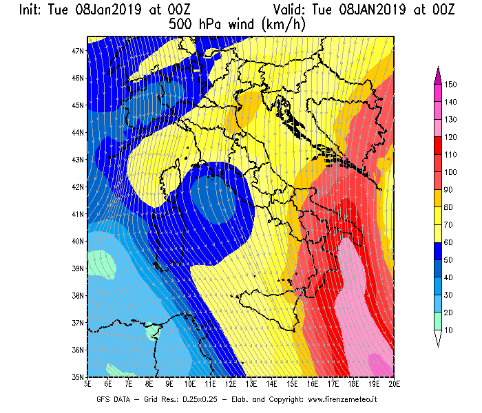 Mappa di analisi GFS - Velocità del vento a 500 hPa [km/h] in Italia
									del 08/01/2019 00 <!--googleoff: index-->UTC<!--googleon: index-->