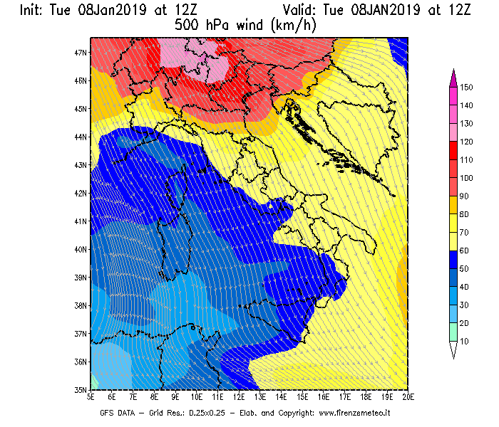 Mappa di analisi GFS - Velocità del vento a 500 hPa [km/h] in Italia
							del 08/01/2019 12 <!--googleoff: index-->UTC<!--googleon: index-->