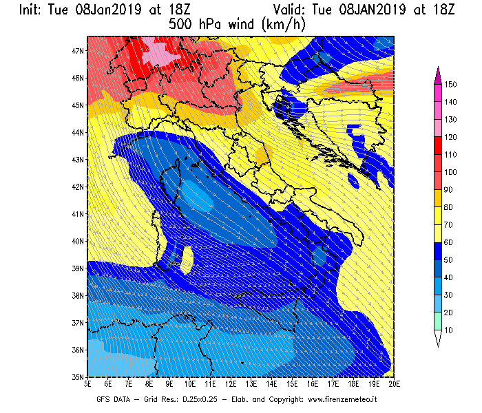 Mappa di analisi GFS - Velocità del vento a 500 hPa [km/h] in Italia
									del 08/01/2019 18 <!--googleoff: index-->UTC<!--googleon: index-->