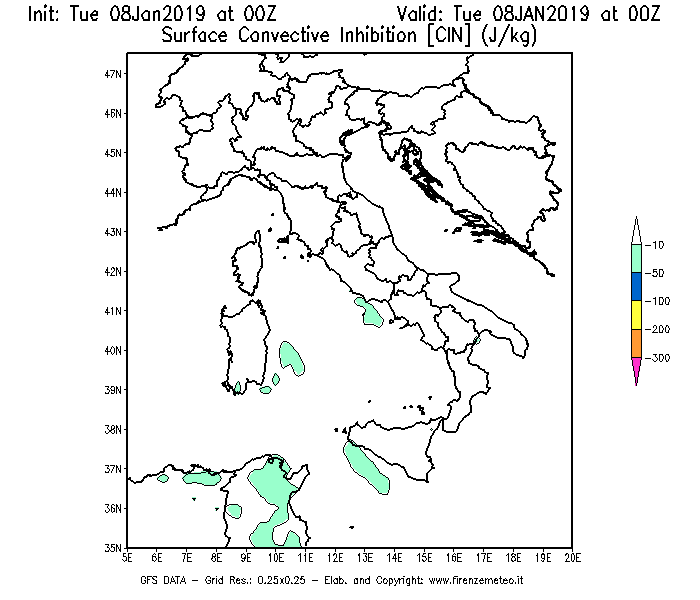 Mappa di analisi GFS - CIN [J/kg] in Italia
									del 08/01/2019 00 <!--googleoff: index-->UTC<!--googleon: index-->