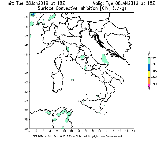Mappa di analisi GFS - CIN [J/kg] in Italia
									del 08/01/2019 18 <!--googleoff: index-->UTC<!--googleon: index-->