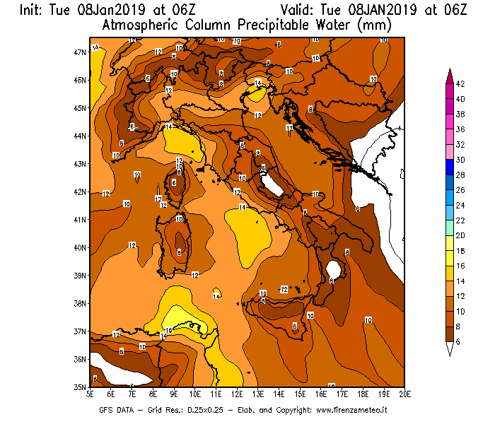 Mappa di analisi GFS - Precipitable Water [mm] in Italia
							del 08/01/2019 06 <!--googleoff: index-->UTC<!--googleon: index-->