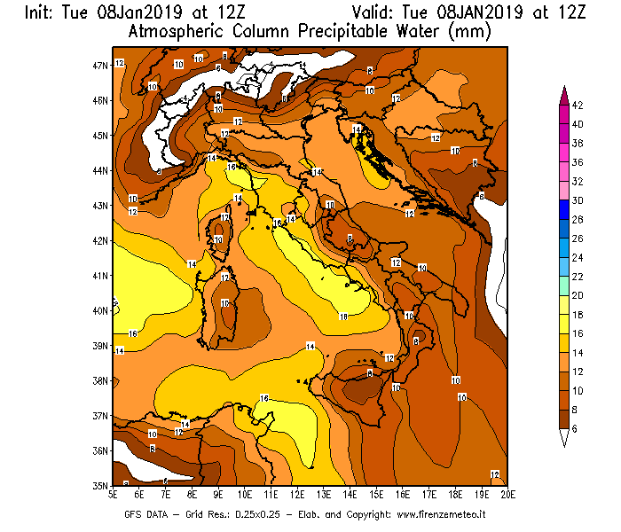 Mappa di analisi GFS - Precipitable Water [mm] in Italia
							del 08/01/2019 12 <!--googleoff: index-->UTC<!--googleon: index-->