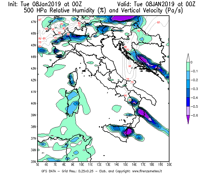 Mappa di analisi GFS - Umidità relativa [%] e Omega [Pa/s] a 500 hPa in Italia
									del 08/01/2019 00 <!--googleoff: index-->UTC<!--googleon: index-->