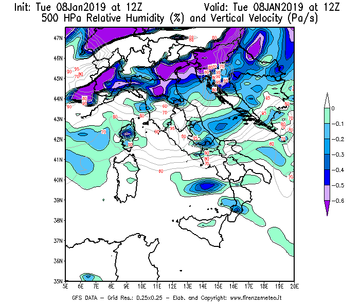 Mappa di analisi GFS - Umidità relativa [%] e Omega [Pa/s] a 500 hPa in Italia
							del 08/01/2019 12 <!--googleoff: index-->UTC<!--googleon: index-->