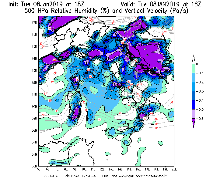 Mappa di analisi GFS - Umidità relativa [%] e Omega [Pa/s] a 500 hPa in Italia
									del 08/01/2019 18 <!--googleoff: index-->UTC<!--googleon: index-->