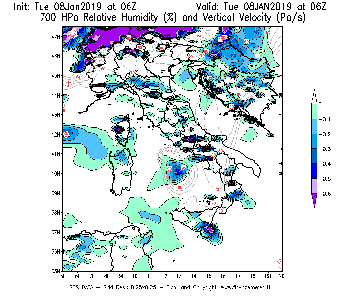 Mappa di analisi GFS - Umidità relativa [%] e Omega [Pa/s] a 700 hPa in Italia
							del 08/01/2019 06 <!--googleoff: index-->UTC<!--googleon: index-->