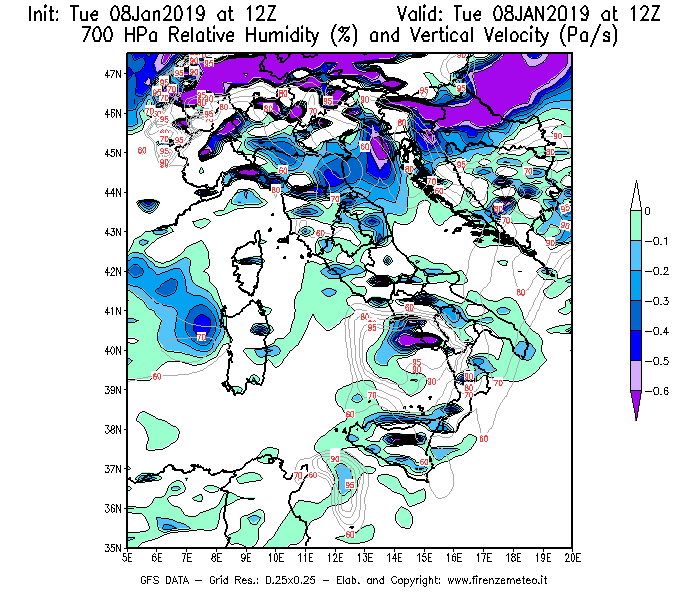 Mappa di analisi GFS - Umidità relativa [%] e Omega [Pa/s] a 700 hPa in Italia
							del 08/01/2019 12 <!--googleoff: index-->UTC<!--googleon: index-->