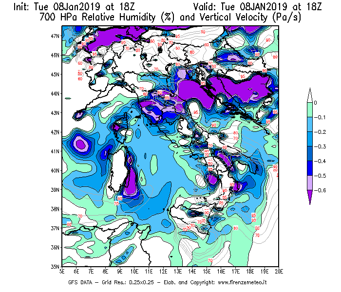 Mappa di analisi GFS - Umidità relativa [%] e Omega [Pa/s] a 700 hPa in Italia
									del 08/01/2019 18 <!--googleoff: index-->UTC<!--googleon: index-->