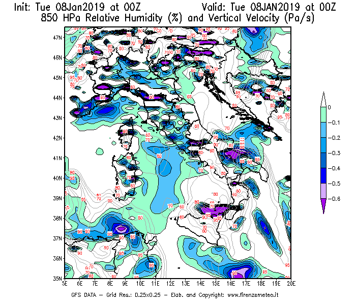 Mappa di analisi GFS - Umidità relativa [%] e Omega [Pa/s] a 850 hPa in Italia
							del 08/01/2019 00 <!--googleoff: index-->UTC<!--googleon: index-->