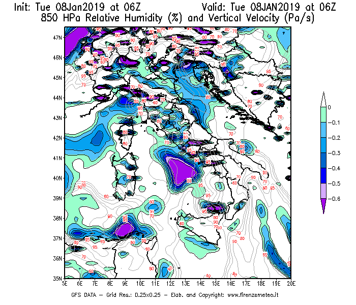 Mappa di analisi GFS - Umidità relativa [%] e Omega [Pa/s] a 850 hPa in Italia
									del 08/01/2019 06 <!--googleoff: index-->UTC<!--googleon: index-->
