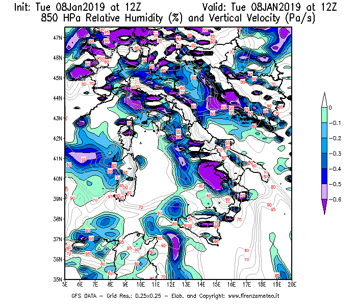 Mappa di analisi GFS - Umidità relativa [%] e Omega [Pa/s] a 850 hPa in Italia
							del 08/01/2019 12 <!--googleoff: index-->UTC<!--googleon: index-->
