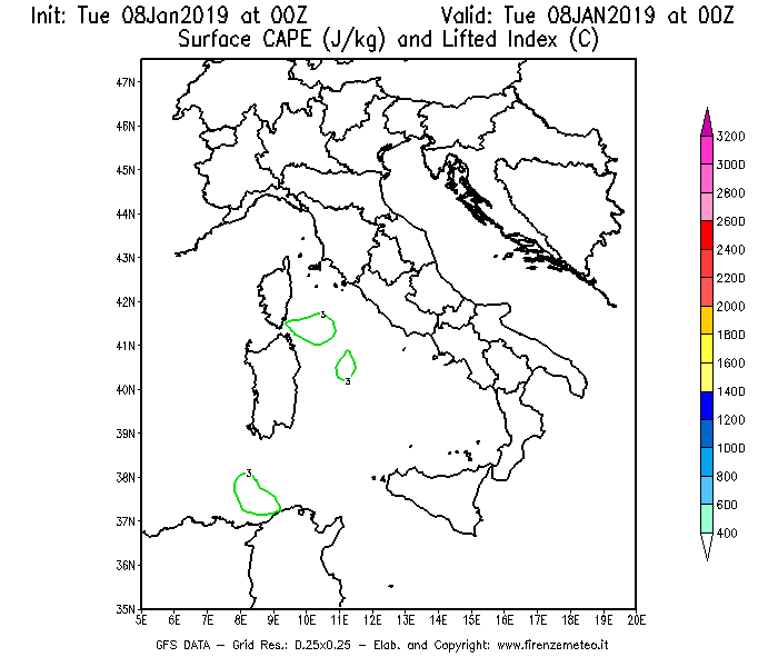 Mappa di analisi GFS - CAPE [J/kg] e Lifted Index [°C] in Italia
							del 08/01/2019 00 <!--googleoff: index-->UTC<!--googleon: index-->