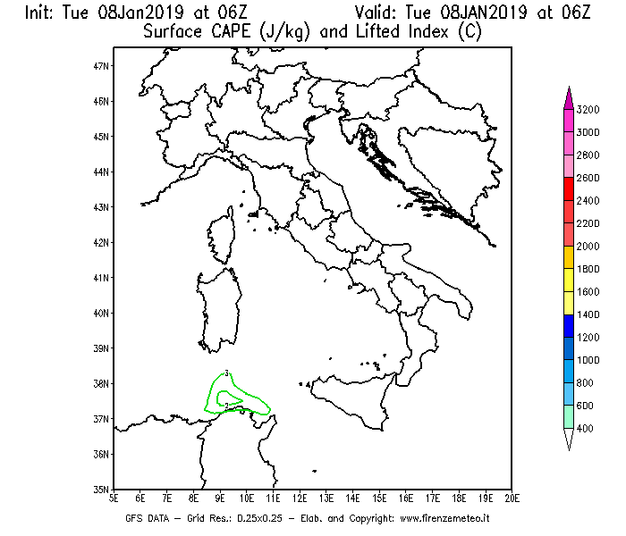 Mappa di analisi GFS - CAPE [J/kg] e Lifted Index [°C] in Italia
							del 08/01/2019 06 <!--googleoff: index-->UTC<!--googleon: index-->