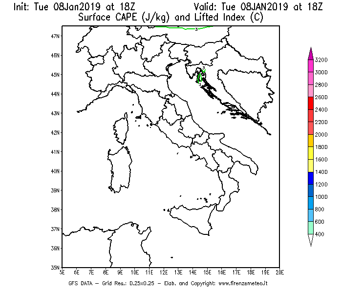 Mappa di analisi GFS - CAPE [J/kg] e Lifted Index [°C] in Italia
									del 08/01/2019 18 <!--googleoff: index-->UTC<!--googleon: index-->