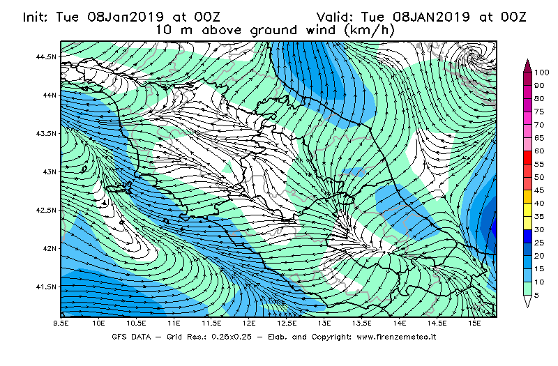 Mappa di analisi GFS - Velocità del vento a 10 metri dal suolo [km/h] in Centro-Italia
							del 08/01/2019 00 <!--googleoff: index-->UTC<!--googleon: index-->