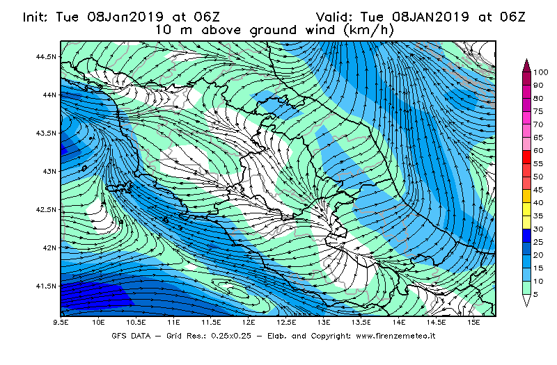 Mappa di analisi GFS - Velocità del vento a 10 metri dal suolo [km/h] in Centro-Italia
							del 08/01/2019 06 <!--googleoff: index-->UTC<!--googleon: index-->