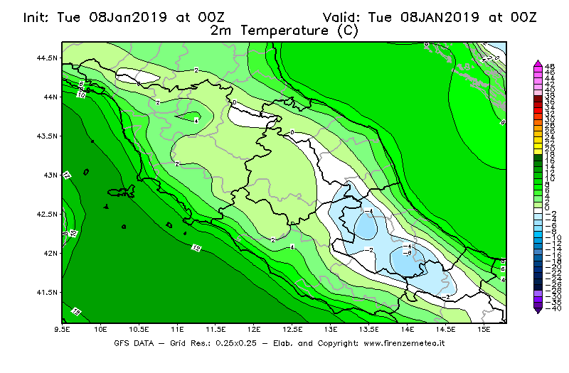 Mappa di analisi GFS - Temperatura a 2 metri dal suolo [°C] in Centro-Italia
							del 08/01/2019 00 <!--googleoff: index-->UTC<!--googleon: index-->