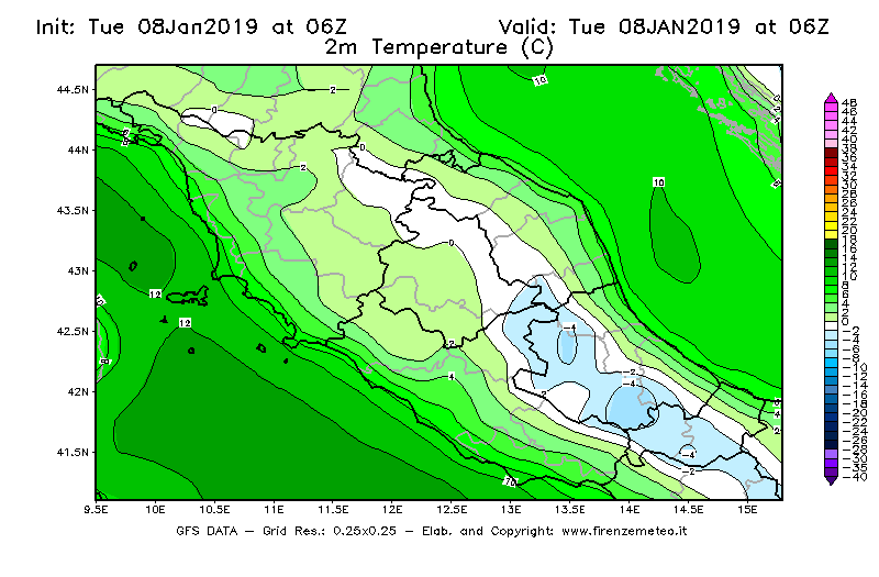 Mappa di analisi GFS - Temperatura a 2 metri dal suolo [°C] in Centro-Italia
									del 08/01/2019 06 <!--googleoff: index-->UTC<!--googleon: index-->
