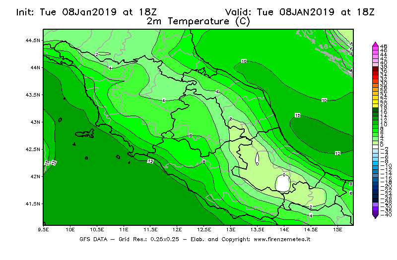 Mappa di analisi GFS - Temperatura a 2 metri dal suolo [°C] in Centro-Italia
									del 08/01/2019 18 <!--googleoff: index-->UTC<!--googleon: index-->