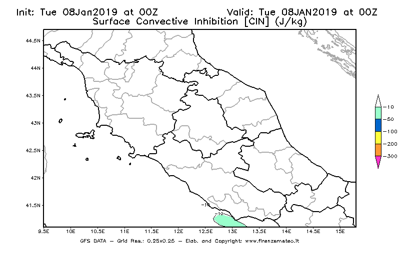 Mappa di analisi GFS - CIN [J/kg] in Centro-Italia
							del 08/01/2019 00 <!--googleoff: index-->UTC<!--googleon: index-->