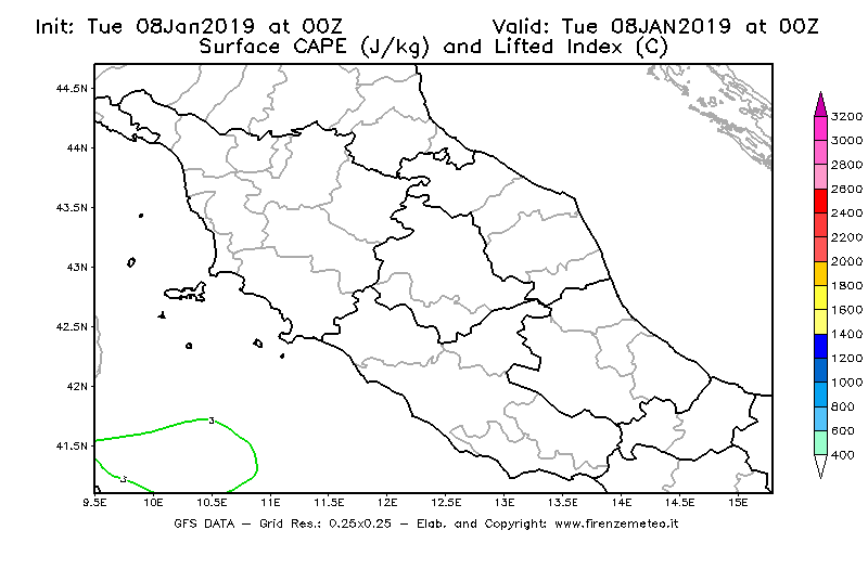 Mappa di analisi GFS - CAPE [J/kg] e Lifted Index [°C] in Centro-Italia
							del 08/01/2019 00 <!--googleoff: index-->UTC<!--googleon: index-->