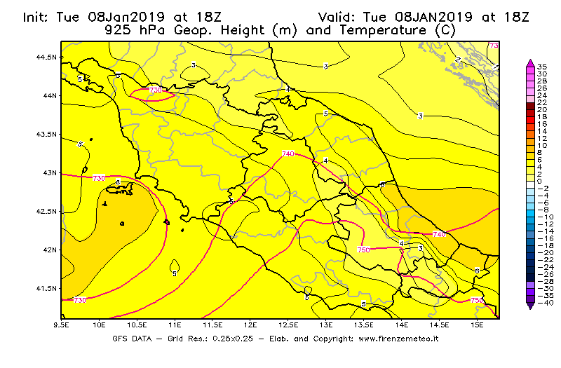 Mappa di analisi GFS - Geopotenziale [m] e Temperatura [°C] a 925 hPa in Centro-Italia
							del 08/01/2019 18 <!--googleoff: index-->UTC<!--googleon: index-->