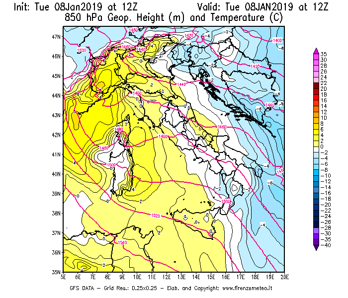 Mappa di analisi GFS - Geopotenziale [m] e Temperatura [°C] a 850 hPa in Italia
							del 08/01/2019 12 <!--googleoff: index-->UTC<!--googleon: index-->