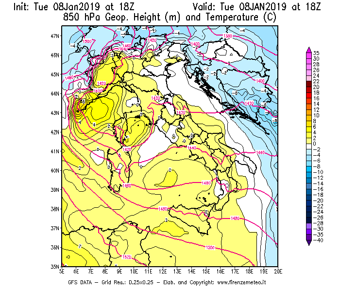 Mappa di analisi GFS - Geopotenziale [m] e Temperatura [°C] a 850 hPa in Italia
							del 08/01/2019 18 <!--googleoff: index-->UTC<!--googleon: index-->