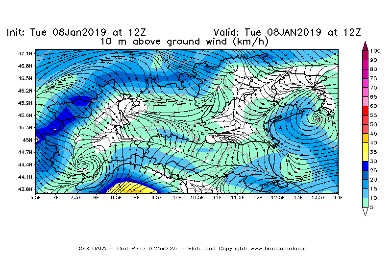 Mappa di analisi GFS - Velocità del vento a 10 metri dal suolo [km/h] in Nord-Italia
							del 08/01/2019 12 <!--googleoff: index-->UTC<!--googleon: index-->