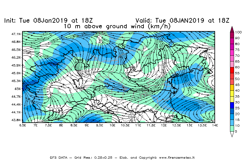 Mappa di analisi GFS - Velocità del vento a 10 metri dal suolo [km/h] in Nord-Italia
							del 08/01/2019 18 <!--googleoff: index-->UTC<!--googleon: index-->