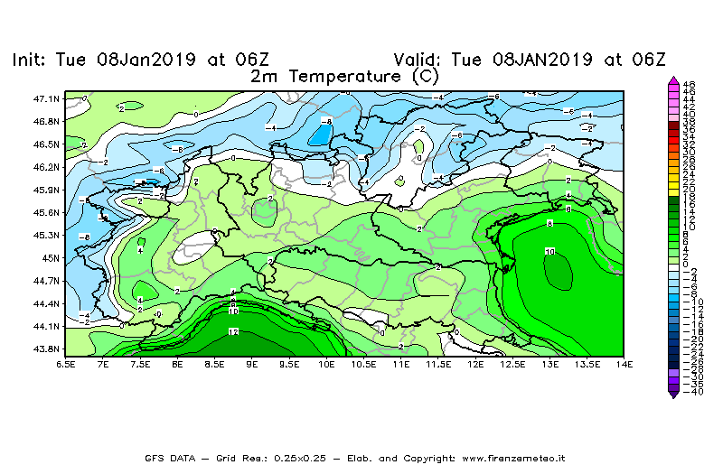 Mappa di analisi GFS - Temperatura a 2 metri dal suolo [°C] in Nord-Italia
									del 08/01/2019 06 <!--googleoff: index-->UTC<!--googleon: index-->