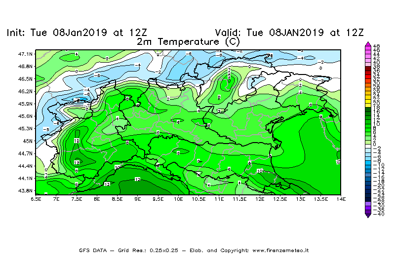 Mappa di analisi GFS - Temperatura a 2 metri dal suolo [°C] in Nord-Italia
									del 08/01/2019 12 <!--googleoff: index-->UTC<!--googleon: index-->