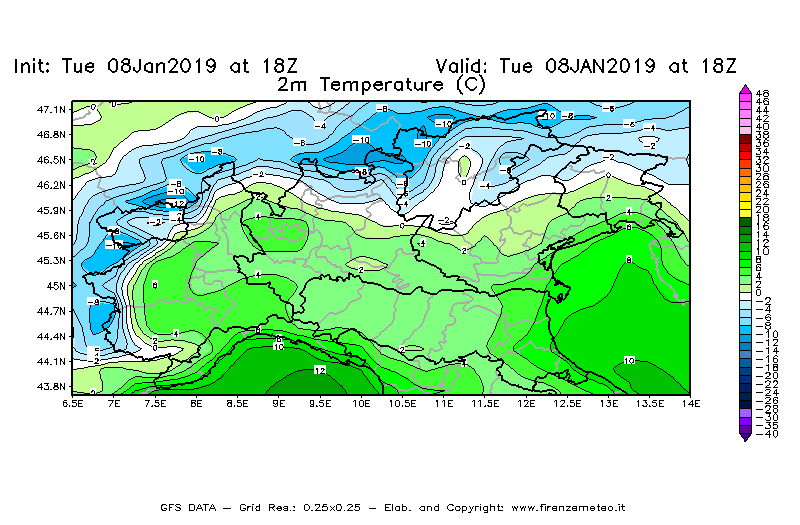 Mappa di analisi GFS - Temperatura a 2 metri dal suolo [°C] in Nord-Italia
									del 08/01/2019 18 <!--googleoff: index-->UTC<!--googleon: index-->