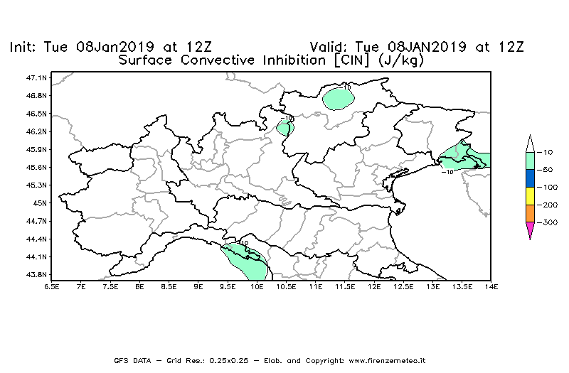 Mappa di analisi GFS - CIN [J/kg] in Nord-Italia
							del 08/01/2019 12 <!--googleoff: index-->UTC<!--googleon: index-->