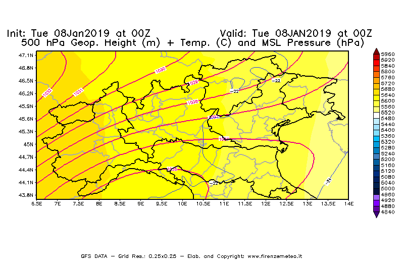 Mappa di analisi GFS - Geopotenziale [m] + Temp. [°C] a 500 hPa + Press. a livello del mare [hPa] in Nord-Italia
									del 08/01/2019 00 <!--googleoff: index-->UTC<!--googleon: index-->