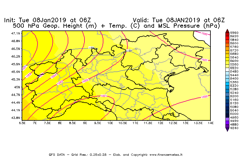 Mappa di analisi GFS - Geopotenziale [m] + Temp. [°C] a 500 hPa + Press. a livello del mare [hPa] in Nord-Italia
							del 08/01/2019 06 <!--googleoff: index-->UTC<!--googleon: index-->