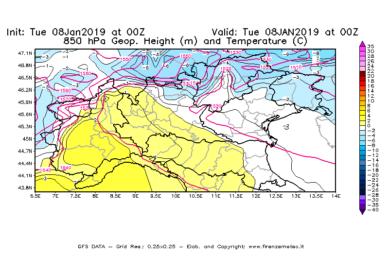 Mappa di analisi GFS - Geopotenziale [m] e Temperatura [°C] a 850 hPa in Nord-Italia
							del 08/01/2019 00 <!--googleoff: index-->UTC<!--googleon: index-->