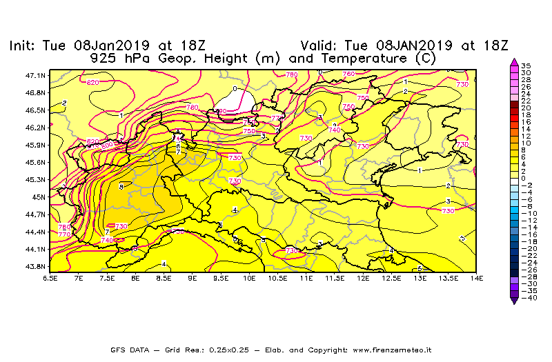 Mappa di analisi GFS - Geopotenziale [m] e Temperatura [°C] a 925 hPa in Nord-Italia
									del 08/01/2019 18 <!--googleoff: index-->UTC<!--googleon: index-->
