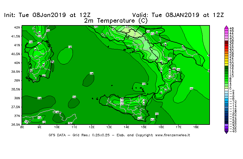 Mappa di analisi GFS - Temperatura a 2 metri dal suolo [°C] in Sud-Italia
							del 08/01/2019 12 <!--googleoff: index-->UTC<!--googleon: index-->