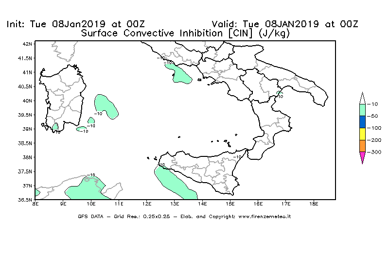 Mappa di analisi GFS - CIN [J/kg] in Sud-Italia
									del 08/01/2019 00 <!--googleoff: index-->UTC<!--googleon: index-->