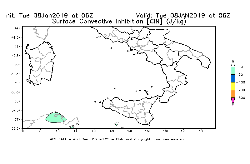 Mappa di analisi GFS - CIN [J/kg] in Sud-Italia
									del 08/01/2019 06 <!--googleoff: index-->UTC<!--googleon: index-->