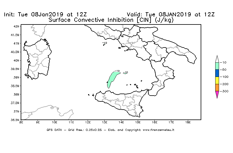 Mappa di analisi GFS - CIN [J/kg] in Sud-Italia
							del 08/01/2019 12 <!--googleoff: index-->UTC<!--googleon: index-->