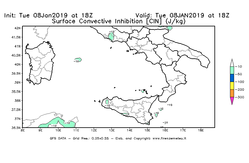Mappa di analisi GFS - CIN [J/kg] in Sud-Italia
							del 08/01/2019 18 <!--googleoff: index-->UTC<!--googleon: index-->