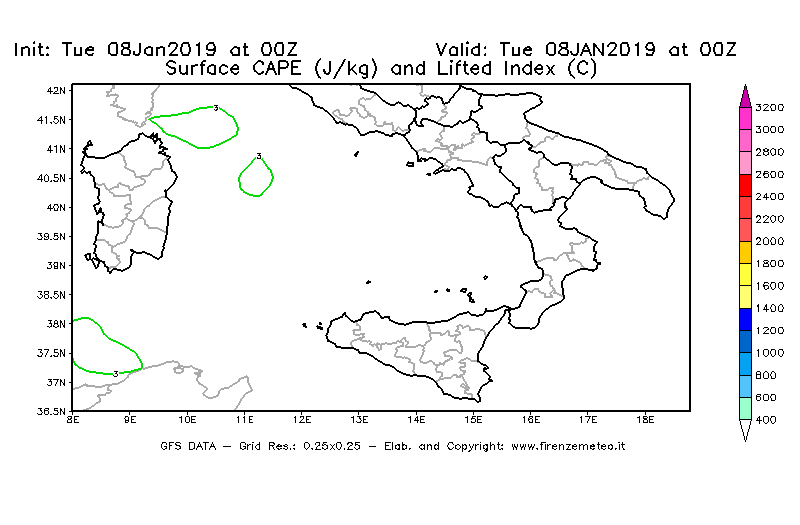 Mappa di analisi GFS - CAPE [J/kg] e Lifted Index [°C] in Sud-Italia
									del 08/01/2019 00 <!--googleoff: index-->UTC<!--googleon: index-->