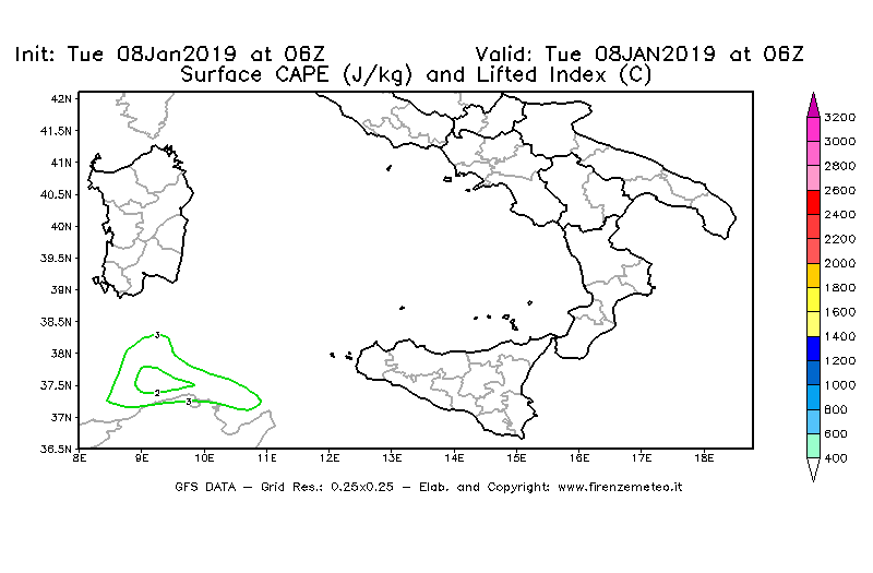 Mappa di analisi GFS - CAPE [J/kg] e Lifted Index [°C] in Sud-Italia
							del 08/01/2019 06 <!--googleoff: index-->UTC<!--googleon: index-->