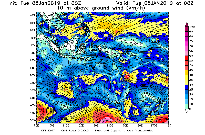 Mappa di analisi GFS - Velocità del vento a 10 metri dal suolo [km/h] in Oceania
							del 08/01/2019 00 <!--googleoff: index-->UTC<!--googleon: index-->