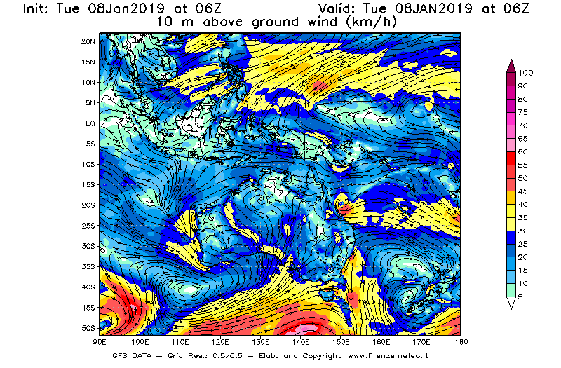Mappa di analisi GFS - Velocità del vento a 10 metri dal suolo [km/h] in Oceania
							del 08/01/2019 06 <!--googleoff: index-->UTC<!--googleon: index-->