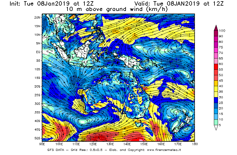 Mappa di analisi GFS - Velocità del vento a 10 metri dal suolo [km/h] in Oceania
							del 08/01/2019 12 <!--googleoff: index-->UTC<!--googleon: index-->